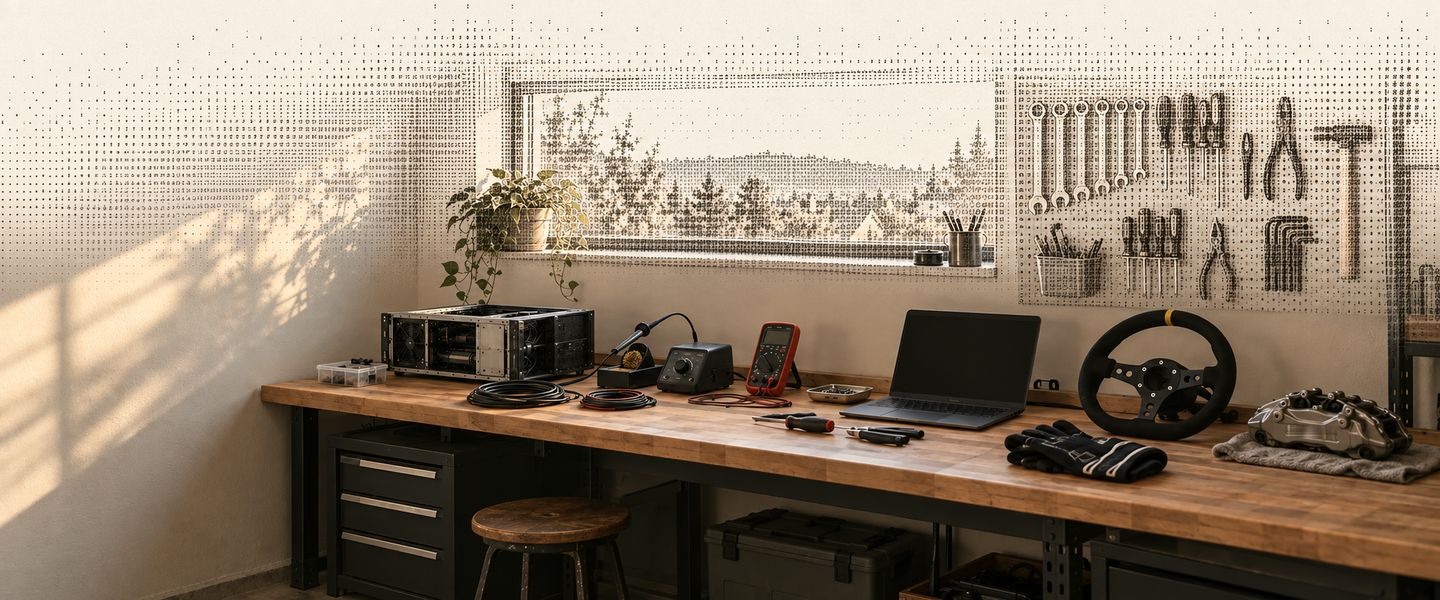 A long wooden workbench under a window in warm evening light: a small server chassis, soldering station, multimeter and laptop, then a racing steering wheel, driving gloves and a brake caliper, with a tool pegboard above. The wall, window and pegboard dissolve upward into character art.